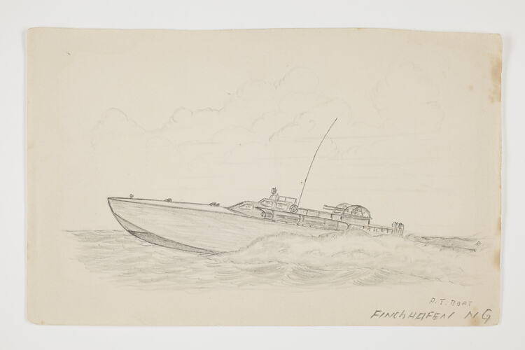 Drawing of speeding boat in water on off-white paper.