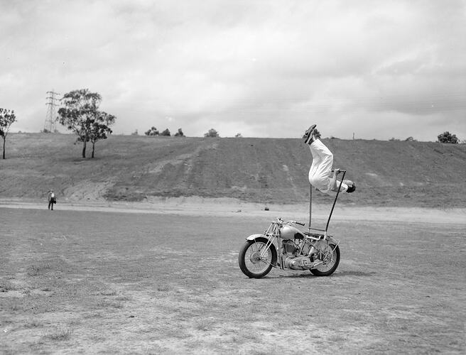 Negative - Stuntman with Motor Cycle, Royal Park, Parkville, Victoria, Feb 1954