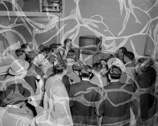Radio Corporation Ltd, Crowd in McKinnon Hotel Watching an Astor Television Set, McKinnon, Victoria, 1956