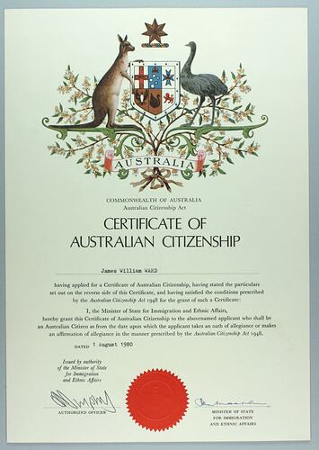 Certificate - 'Certificate of Australian Citizenship', James William Ward, 1 Aug 1980
