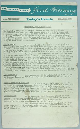 Information Sheet - P&O Orient Lines SS Stratheden, 'Today's Events', English Channel, 8 Nov 1961