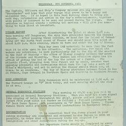 Information Sheet - P&O SS Stratheden, 'Today's Events', English Channel, 8 Nov 1961