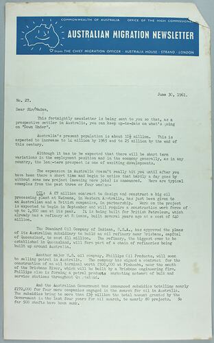 Newsletter - 'Australian Migration Newsletter', 30 Jun 1961
