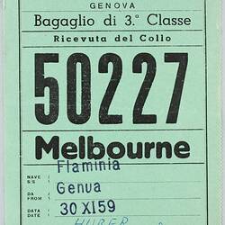 Baggage Receipt - Third Class, No. 50227, 'M/N Flaminia, 30 Nov 1959