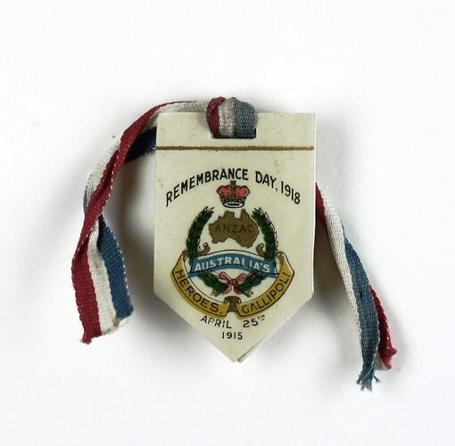 Badge in shield shape with a red, white and blue ribbon knotted through slot at the top, text and image on bad