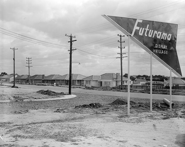 Futurama Homes, View of Display Village, Nunawading, Victoria, 23 Mar 1959