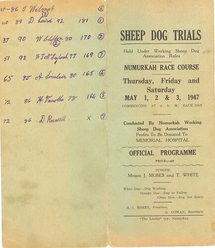 Program - 'Sheep Dog Trials', Numurkah, Victoria, 1947