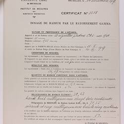 Certificate - Radium Certificate of Purity, Union Miniere du Haut Katanga, Brussels, 1927