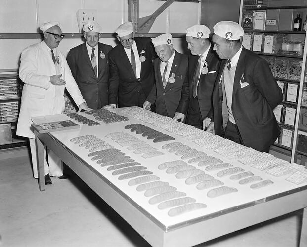 Brockhoff Biscuit Co, Men Looking at Biscuits, Burwood, Victoria, 26 Jun 1959