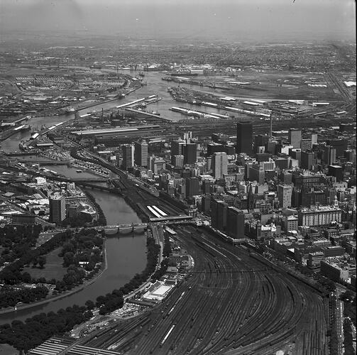 Monochrome aerial photograph of Melbourne.