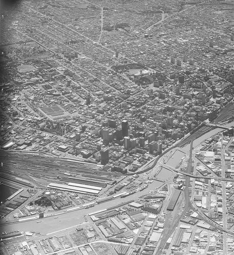 Monochrome aerial photograph of Melbourne.