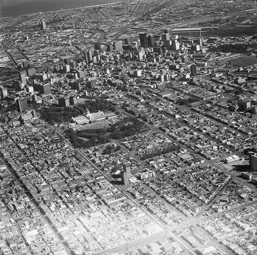 Monochrome aerial photograph of Melbourne.