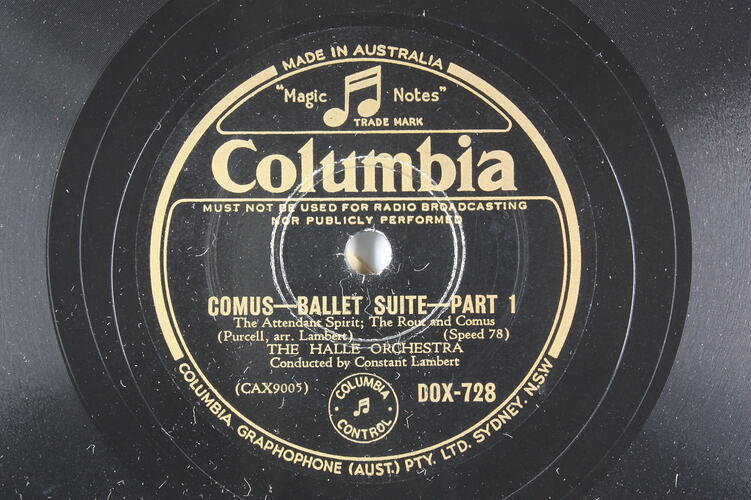 Disc Recording - Columbia Graphophone Pty. Ltd., Double-Sided, 'Comus-Ballet Suite-Part 1' & 'Comus-Ballet Suite-Part 2', circa 1930