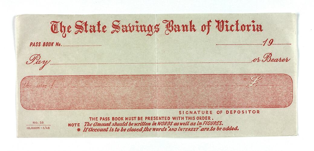 Cheque printed in red on white
