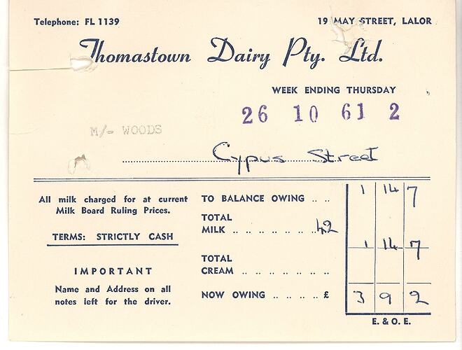 Invoice - Thomastown Dairy Milk Deliveries, Barbara & John Woods, Lalor, 26 Oct 1961