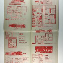 Part of large document showing house designs and elevations in red