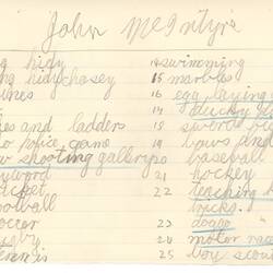 Document - John McIntyre, to Dorothy Howard, List of Games, 1955