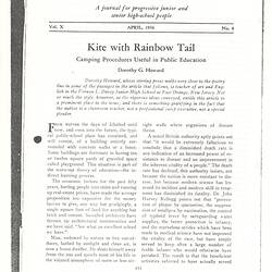 Article - Dorothy G. Howard, 'Kite with Rainbow Tail: Camping Procedures Useful in Public Education', The Clearing House, Vol. X, Apr 1936