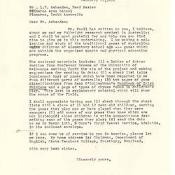 Letter - Dorothy Howard, to L.E. Ashenden, Information Regarding Dr Howard's Research & Request for Assistance, 25 Feb 1955