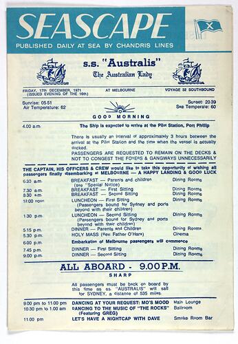 Newsletter - 'Seascape', SS Australis, 17 Dec 1971