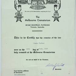 Cremation Certificate - James Forbes, The Melbourne Crematorium, Fawkner, Victoria, 24 Jun 1963