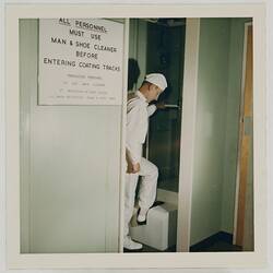 Photograph - Worker in 'Man & Shoe Cleaner', Kodak Factory, Coburg, circa 1960s