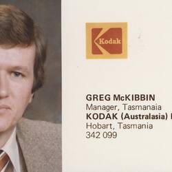 Business Card - Greg McKibbin, Manager Tasmania, Kodak Australasia Pty Ltd, 1981