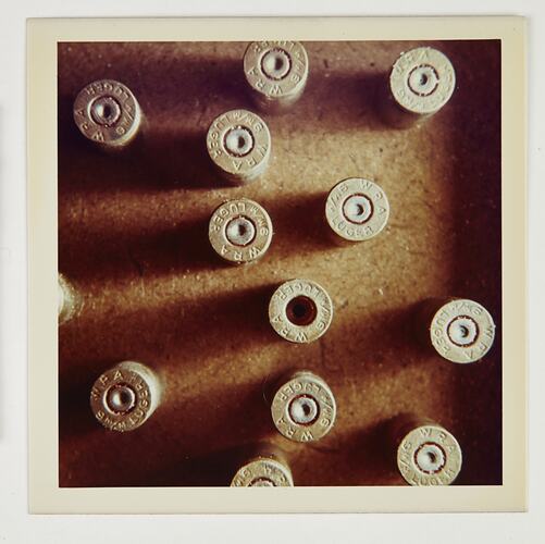 Twelve standing Luger bullet casings, shown from above.
