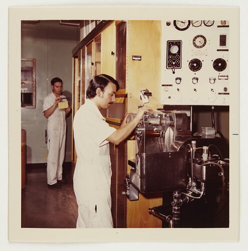 Slide 506, 'Extra Prints of Coburg Lecture', Workers with Factory Equipment, Kodak Factory, Coburg, circa 1960s