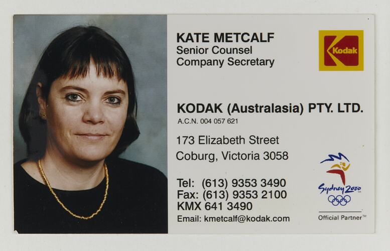 Business Card - Kate Metcalf, Senior Counsel, Company Secretary, Kodak Australasia Pty Ltd, circa 2000s