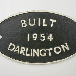 Locomotive Builders Plate - British Railways, Darlington Works, England, 1954