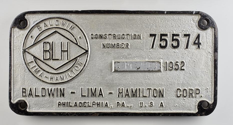 Locomotive Builders Plate - Baldwin-Lima-Hamilton Corp, Philadelphia, USA, 1952