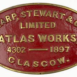Locomotive Builders Plate - Sharp, Stewart & Co. Ltd, Glasgow, Scotland, 1897