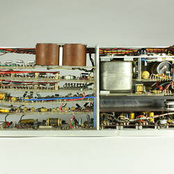 Open metal box. Case removed to show internal wires and components.