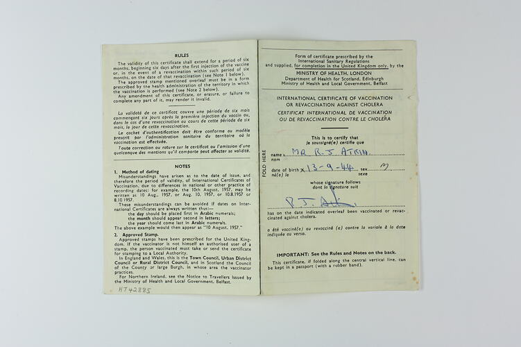 Vaccination Certificate - Cholera, R.J. Atkin, Ministry of Health, London, 5 Sep 1966