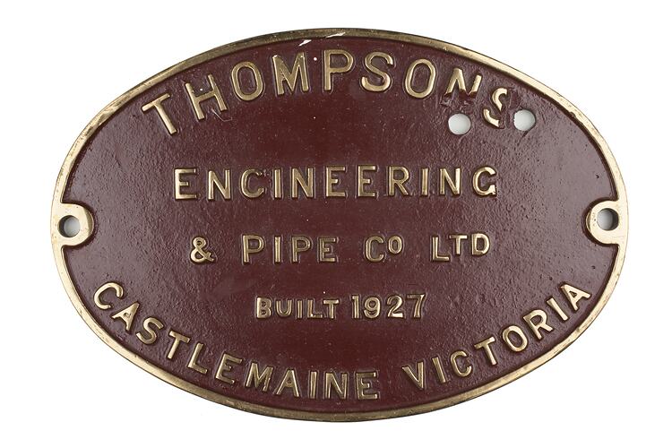 Locomotive Builders Plate - Thompsons Pty Ltd, 1927