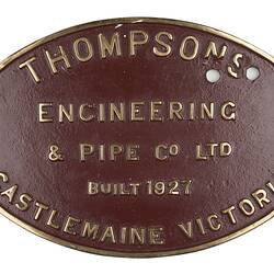 Locomotive Builders Plate - Thompsons Pty Ltd, Castlemaine, 1927
