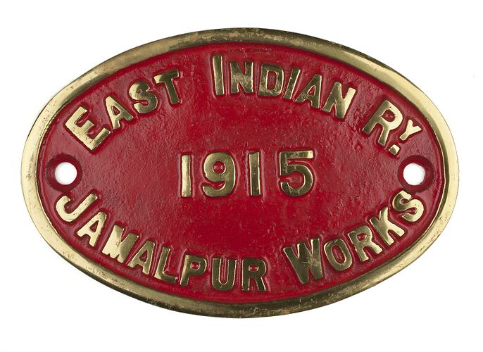 Replica Locomotive Builders Plate - East Indian Railway, Jamalpur Works, India, 1915