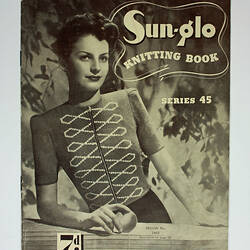 Knitting book cover showing woman in short-sleeved jumper.