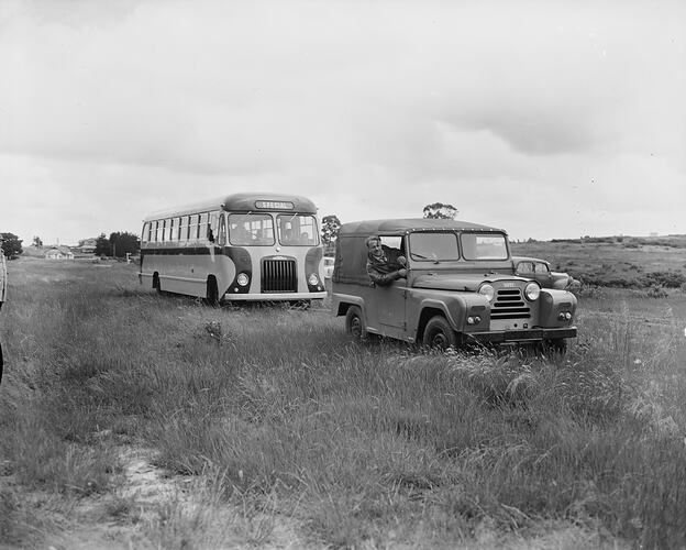 British Motor Corporation (Australia), Austin Gipsy Motor Car Towing a Bus, Victoria, Nov 1958