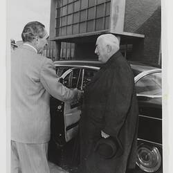Kodak Australasia Pty Ltd, Prime Minister Robert Menzies Greeted by Henry Foote at the Official Opening of the Kodak Factory, Coburg, 1961