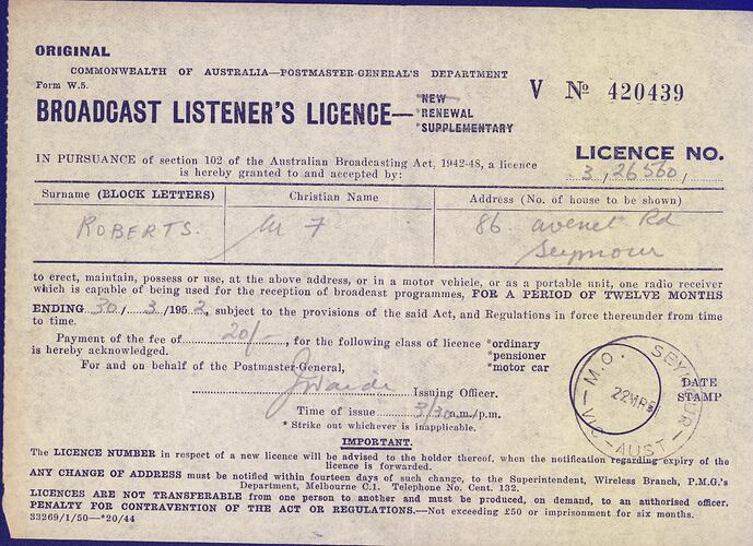Broadcast Listener's Licence - Commonwealth of Australia, Postmaster General's Department, 22 Mar 1951