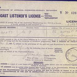 Broadcast Listener's Licence - Frederick & Amelia Roberts, Commonwealth of Australia, Postmaster General's Department, 22 Mar 1951
