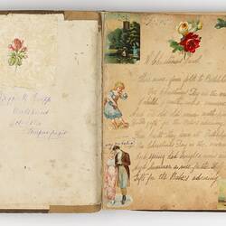 Open scrapbook showing 2 pages of inscriptions and illustrations, mostly portraits and floral motifs.