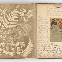 Open scrapbook showing 2 pages of inscriptions and illustrations of floral motifs.