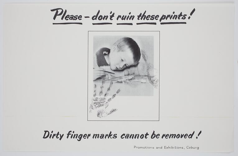 Black text and child's image printed on grey paper.