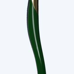 Titanium smooth, curved shard-like baton in dome-shaped stand. Gold at top and green mid sectoin down.