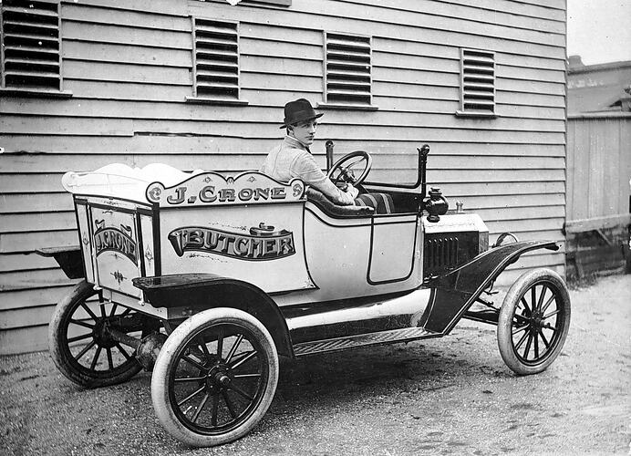 [Cliff Crone in his butcher's delivery car, St Arnaud, about 1925.]