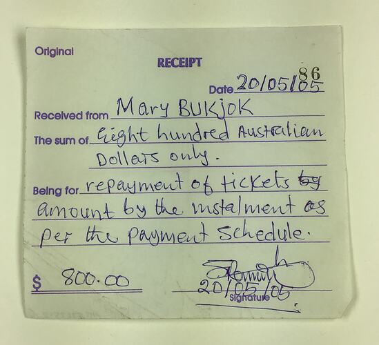 Loan Receipt - Airfare Repayments By Mary Jock Bukjock, 20 May 2005