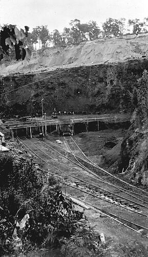 Morwell coal mine, rail tracks in foreground.